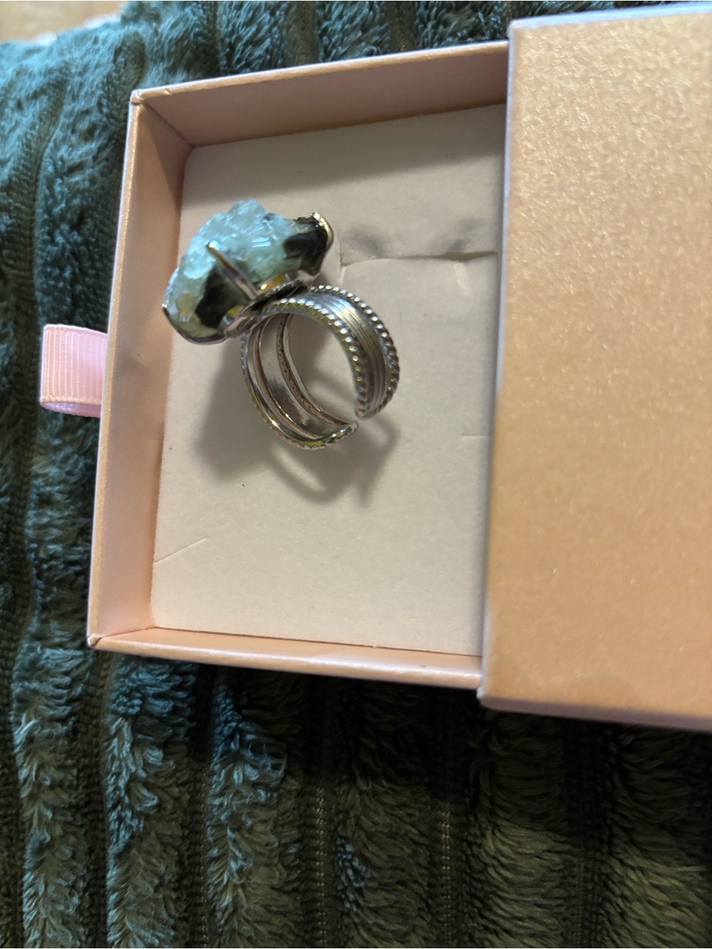 Silver Adjustable Raw Aquamarine Ring - Aqua Blue Stone